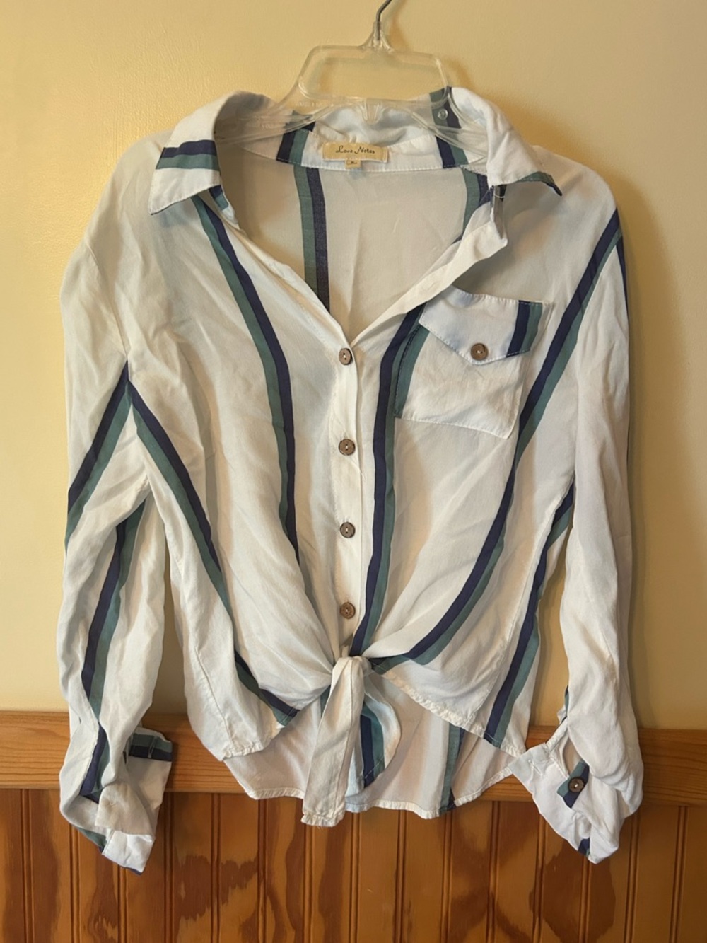 Love Notes White Blouse with Navy & Teal Stripes